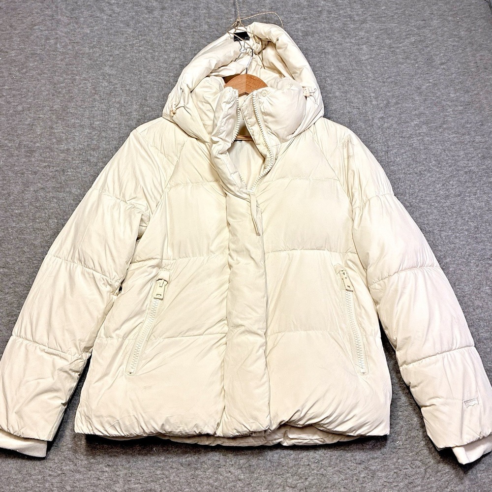 Levi's White Cream‎ Puffer Jacket Women Size Small Full Zip Hooded Parka Snow